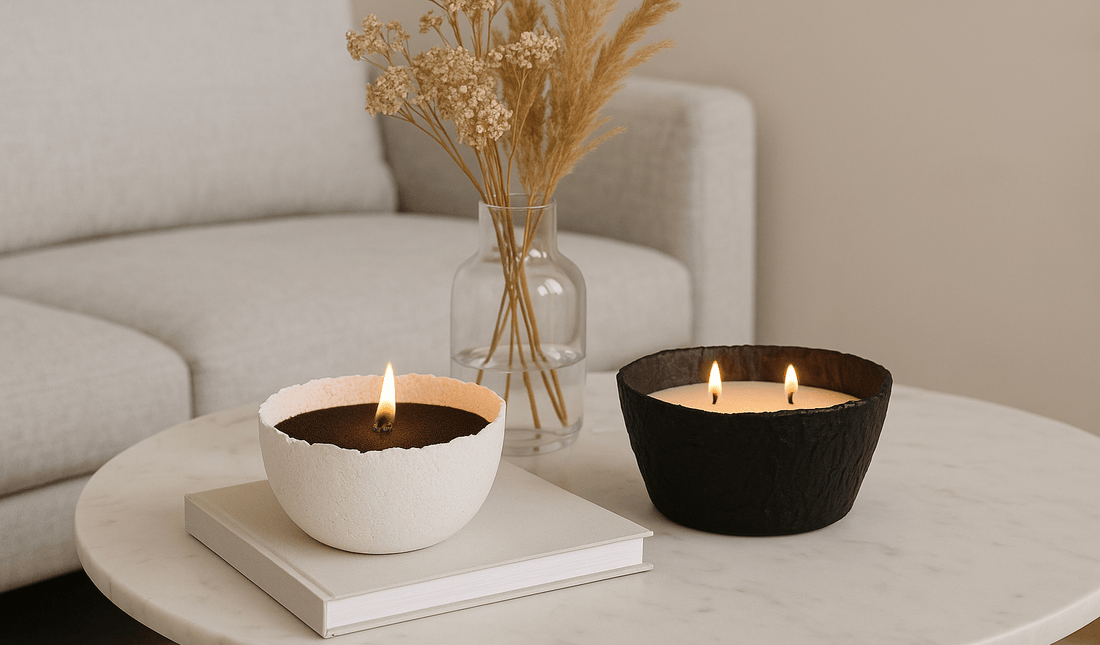 Decoración sostenible: cuencos de papel reciclado y velas de cera arenada - Palmaria